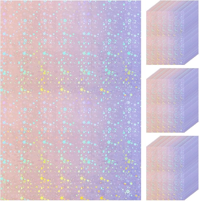 Nezyo 60 Sheets Holographic Laminate Sheets Clear Glitter A4 Size Vinyl Sticker Paper Holographic Overlay Self Adhesive Waterproof Transparent Film, 11.7 x 8.3 Inch (Star Style)