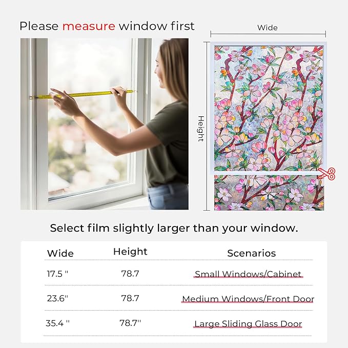 Window Privacy Film Rainbow Film Stained Glass 3D Static Cling Decorative Window Sticker for Bathroom,Front Door,Home Heat Control UV Blocking Non Adhesive,Peach Blossom 23.6 x 78.7inches