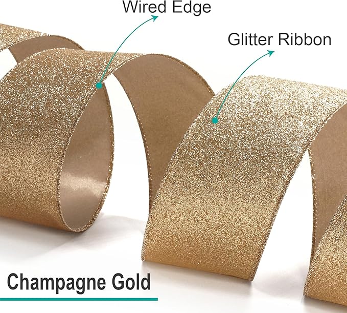 CT CRAFT LLC Glitter Wired Ribbon 2.5" x 10 Yards Gold (Champagne Gold) for Christmas Home Decor Bow Gift Wrapping DIY Crafts Wreath