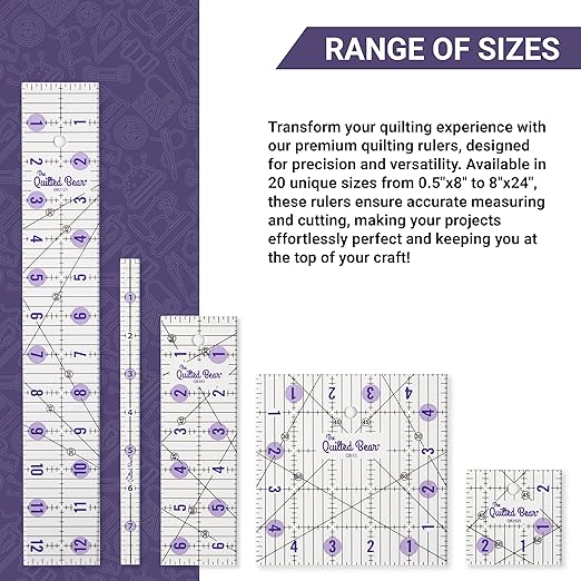 The Quilted Bear Quilting Rulers - Transparent Acrylic Non Slip Quilting, Patchwork & Sewing Ruler with Clear Black Lines & 30, 45 & 60 Degree Angles (3.5" x 18.5")