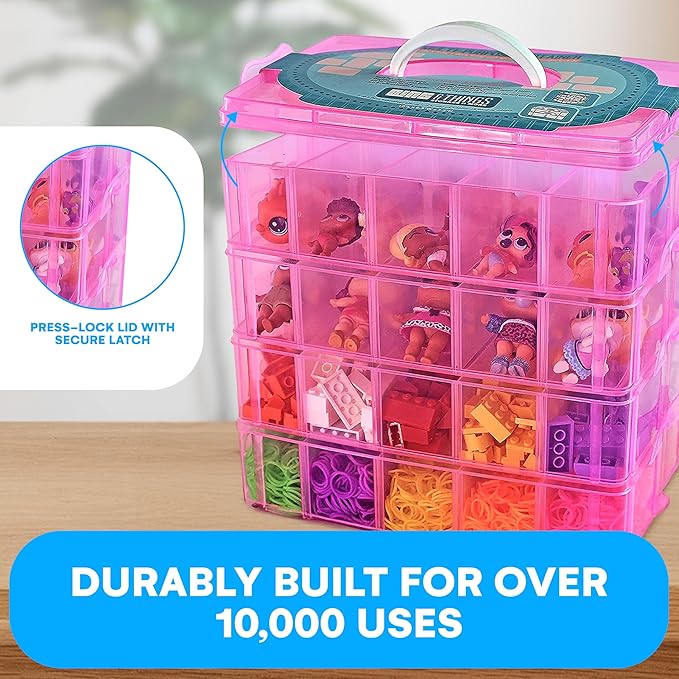 Bins & Things Bead Organizer with Adjustable Compartments - Durable Toy Organizers and Storage Solution for Dolls, Crafts, Mini Toy Figures, Jewelry and Beads - 4 Tier, 40 Compartments, Pink