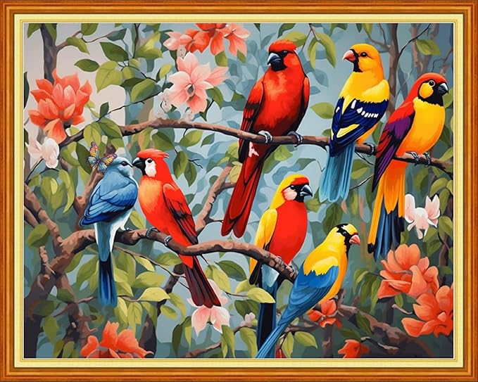 Stamped Cross Stitch Kits - Beach Night Landscape Counted Cross Stitch Kits for Beginners Adults Needlepoint Cross-Stitch Patterns-Colorful Little Bird Family 16x20 inchs