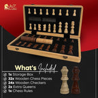 Magnetic Chess Set with Checkers - 15" (2 in 1) Folding Wooden Chess Sets for Adults & Kids with 2 Extra Queens | Travel Chess Board Game Set with Chess Pieces Storage Slots, Luxury Gift with Storage