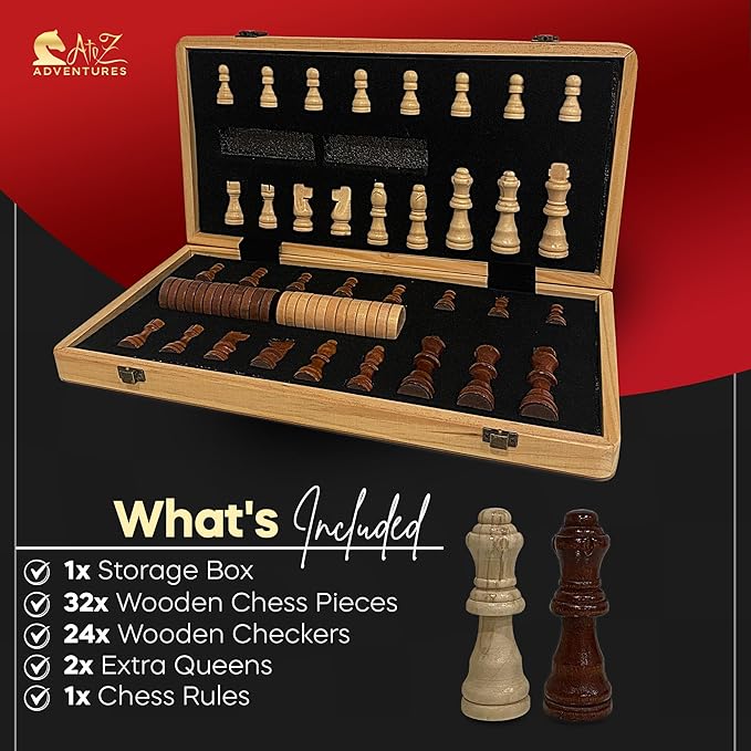 Magnetic Chess Set with Checkers - 15" (2 in 1) Folding Wooden Chess Sets for Adults & Kids with 2 Extra Queens | Travel Chess Board Game Set with Chess Pieces Storage Slots, Luxury Gift with Storage