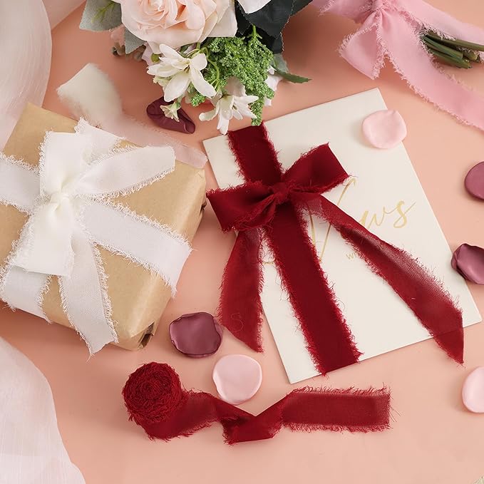 TONIFUL 4 Rolls Silk Chiffon Ribbon, 1-1/2 Inch x 22yds, Dusty Pink and Cream Chiffon Ribbons Set, Handmade Fringe Silk Ribbon for Gift Wrapping Bridal Bouquets Wedding Invitations Decoration Crafts