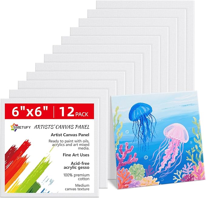 Simetufy Small Painting Canvas Panels 6x6 Inch, 12 Value Pack - 8 Oz Triple Primed 100% Cotton Acid Free White Blank Flat Canvas Boards for Acrylic, Oil Paints