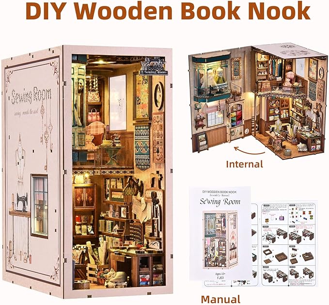 Book Nook Kit - Sewing Room DIY Miniature House Dollhouse Kit for Adults and Teens, Booknook Tiny House Bookshelf Decor 3D Wooden Puzzle, Gifts for Family and Friends