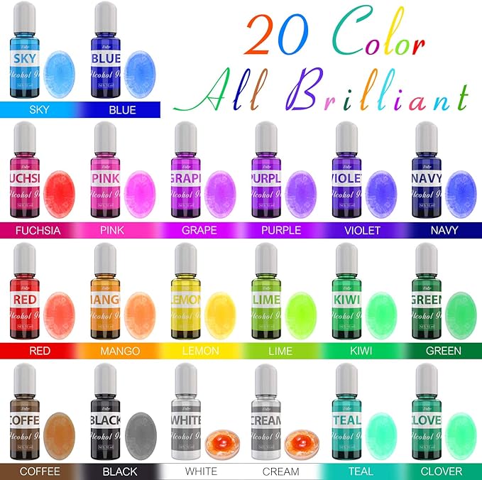 Alcohol Ink Set - 24 x 0.35oz Alcohol Based Ink for Epoxy Resin Painting, Resin Petri Dish Making - Concentrated Alcohol Paint Color Dye with 6 White Color Inks for Resin Art, Coaster, Yupo, Tumbler