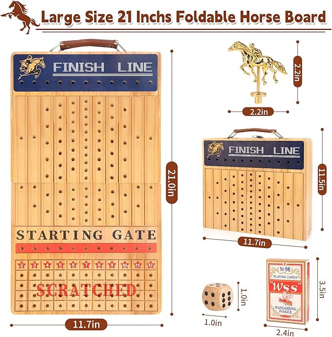 Bravmate Large 21 Inches Horse Race Board Game, Solid Wood Foldable Horse Racing Game with 11 Luxury Metal Horses, 2 Wooden Dice, 2 Boxes of Cards, 80 Chips for Parties