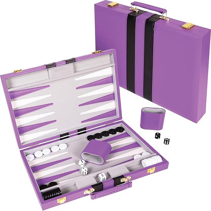 Backgammon Set 15 inch, Large - Classic Board Game for Adults and Kids with Premium Leather Case - Includes Strategy & Tip Guide (Purple)