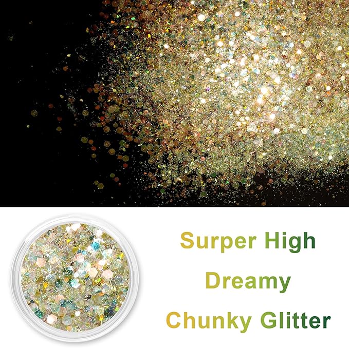Renfio Opal Chunky Glitter, 1.75oz/50g Gold Glitter, Dreamy High Sparkle Glitter for Crafts Holographic Fine Glitter Mix Iridescent Glitters Flake for Resin Nails Hair DIY Snow Globe - Lakeside Leaf