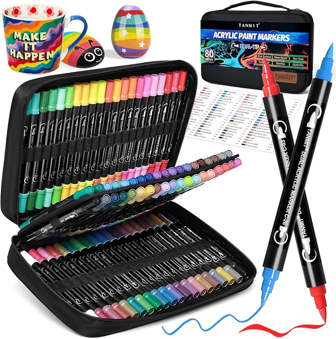 80 Colors Acrylic Paint Pens, Dual Tip Acrylic Paint Markers with Brush Tip and Fine Tip, Acrylic Pens for Rock Painting, Wood, Canvas, Stone, Glass, Ceramic,DIY Crafts Making Art Supplies