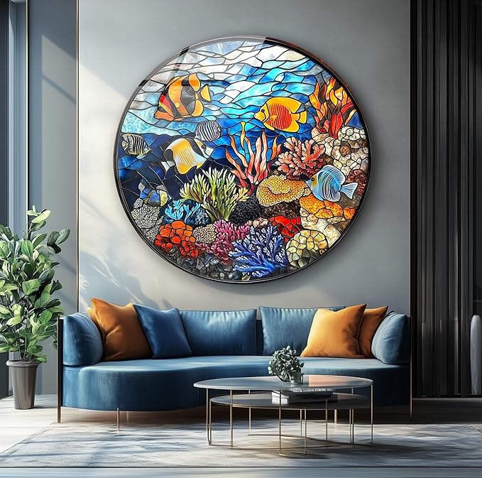 My Photostation.com 10''(25cm) Diameter Coral Reef Mosaic Round Glass Wall Art Tempered Glass Printing Wall Decor Large Wall Art Wall Hangings