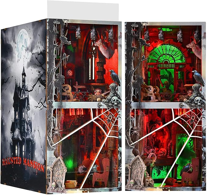 Haunted House Halloween Book Nook Kit, Spooky Shelf Insert Bookshelf Diorama Horror Art Miniature Decor, Creepy Scary Wooden Puzzle Booknook (Haunted Mansion)