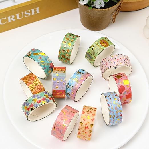 12 Rolls Charming Washi Tape Set Gold Silver Foil Detailing Arts Adhesive Tapes Basic Patterns Decorative Masking Tape Sets for Craft, Kids, Scrapbook, DIY, Gift Wrapping (Whimsical Pastels)