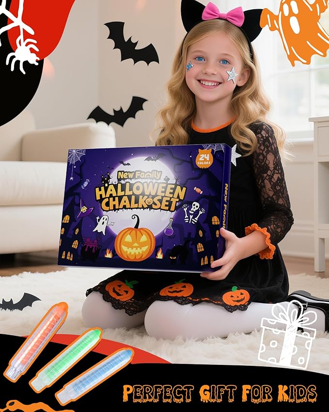 NewFamily Halloween Dustless Chalk Set - 24 Colors, Non-Toxic Washable Chalk with Spooky-Themed Magnetic Drawing Boards, Festive Gift for Kids & Toddlers
