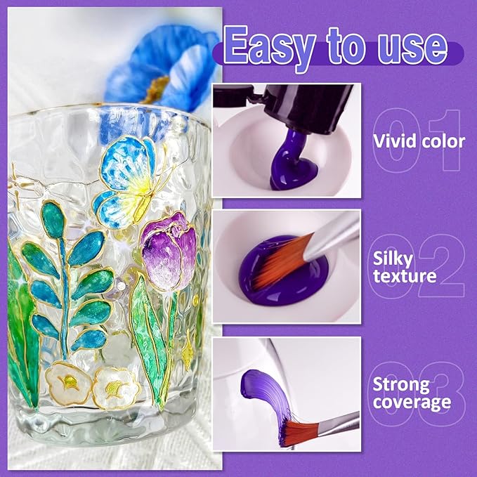 Colorful Stain Glass Paint Set with 6 Brushes, 1 Palette & 1 Sponge, 14 Colors Waterproof Permanent Glass Painting Kit for Arts on Wine Glasses,Bottle and Windows