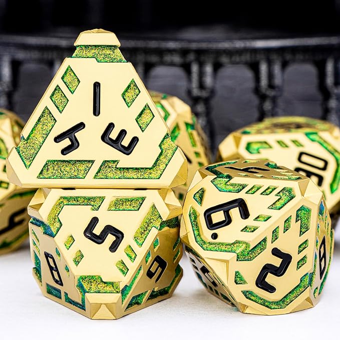 Metal DND Sci-fi Dice Set 7PCS Stripe Polyhedral Dice for Dungeons Dragons RPG Role Playing Game, Glitter D and D Dice with Gift Box D6 D8 D10 D12 D20 (Golden Green)