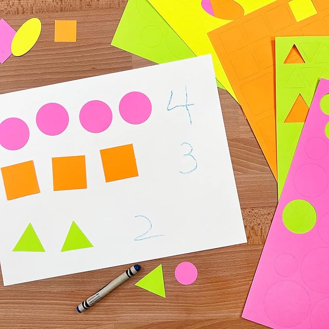 Basic Shapes 1: Circles, Triangles, Squares, Ovals, 676 Pieces US Made Card Stock Punch Out Geometric Shapes in 3 Sizes and 4 NEON Colors for Math, Pattern Play and DIY Crafting