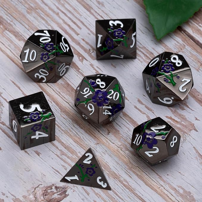 Black Metal Dice Set D&D,7pcs RPG Metal Flower Dice Set with Gift Box,RPG Polyhedral Metal Dice for Table Game(Black Nickel - Purple Green)