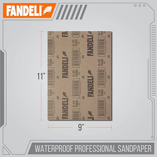 Fandeli | Waterproof Sandpaper | 1000 Grit | 25 Sheets 9'' x 11'' | For Car Polishing, Wood Furniture Sanding and Metal Sanding | Water Resistant