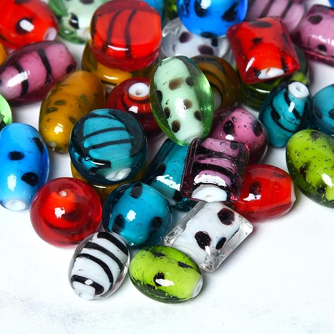 2/3 LB Bag of Assorted Glass Beads for Jewelry Making, Lampwork Murano Bead Mix for Bracelets and Necklaces, Crafting Beads Supplies Kit, Large & Small Beads (Dots + Stripe Mix)