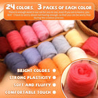 Mayboos 72 Pcs 7.6 oz Needle Felting Wool, 24 Colors Wool Roving Yarn, Fiber Wool Roving for DIY Hand Spinning Needle Felting Wool Craft 3g/Pack