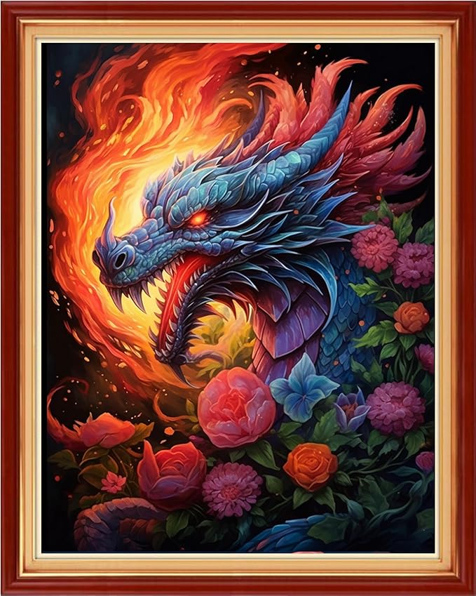 Funchey Stamped Cross Stitch Kits, DIY Cross Stitch Pattern for Adults Beginners Needlepoint Kits Embroidery Kit Arts and Crafts 11CT-Magic Dragon Flower 16x20 inch