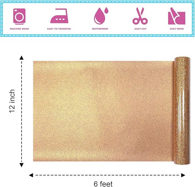 Bronze Glitter Heat Transfer Vinyl 12Inch*6FT Glitter Iron on Vinyl for T Shirts Easy to Cut and Weed Compatible with All Cutter Machines HTV Vinyl Iron on for Cricut (Bronze, 12Inches*6Ft)