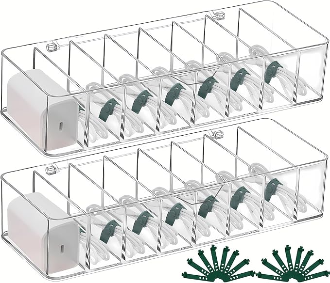 DUOFIRE 2 Pcs Cord Organizer with 16 Cable Ties, Clear Acrylic Cable Organizer Charger Organizer Electronics Organizer with Lid for Home Office Desk Organizers and Accessories