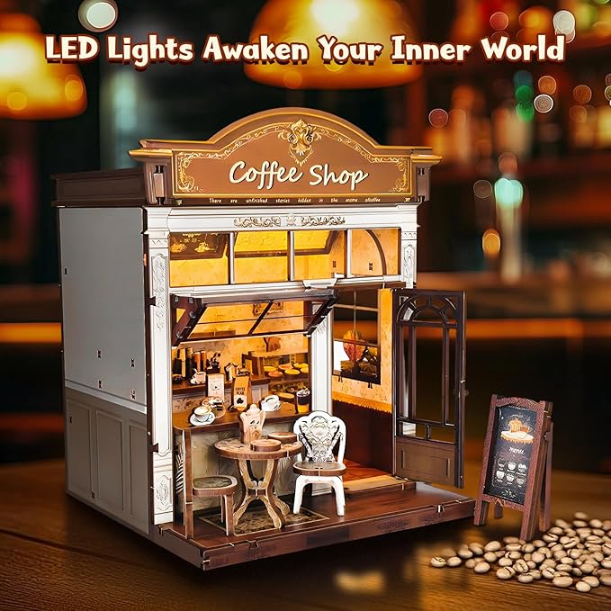 DIY Miniature House Kit, Coffee Shop Book Nook Kit, Mini Building Kit, Dollhouse Kit for Adults and Teens, 3D Wooden Puzzles with LED Light, Craft Kit for Family and Friends(Retro Coffee Shop)