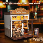 DIY Miniature House Kit, Coffee Shop Book Nook Kit, Mini Building Kit, Dollhouse Kit for Adults and Teens, 3D Wooden Puzzles with LED Light, Craft Kit for Family and Friends(Retro Coffee Shop)