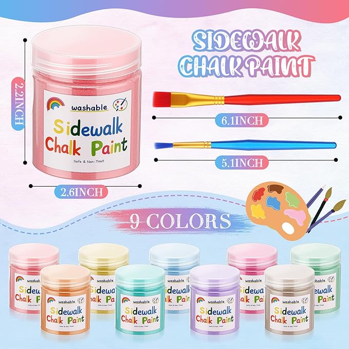 Faccito 36 Pcs Sidewalk Chalk Paint Kit Non Toxic Paint Washable Powdered Chalks Mix in Water 9 Vibrant Colors with Paintbrush for Creative Sidewalk and Chalkboard Fun