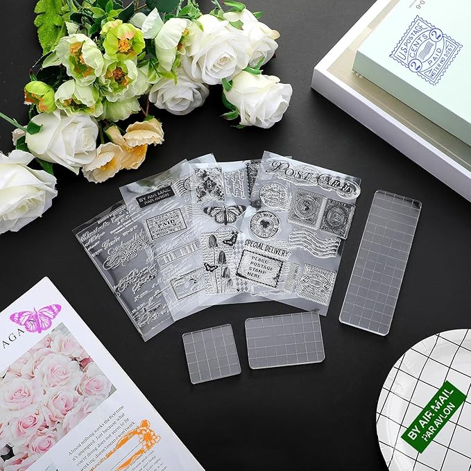 Yinder 7 Pcs Vintage Rubber Clear Stamps Set 4 Sheet Transparent Postage Silicone Stamps 3 Pcs Acrylic Stamp Block Tools with Grid Lines Rubber Craft Supplies for DIY Scrapbooking Journaling