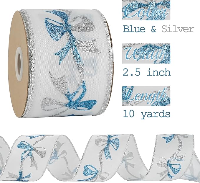 MEEDEE Blue & Silver Christmas Ribbon, 2.5 Inch Wired Satin Ribbon with Turquoise & Silver Glittery Bows, 10 Yards (30 Feet), Perfect for Tree, Garlands, Toppers & Bows