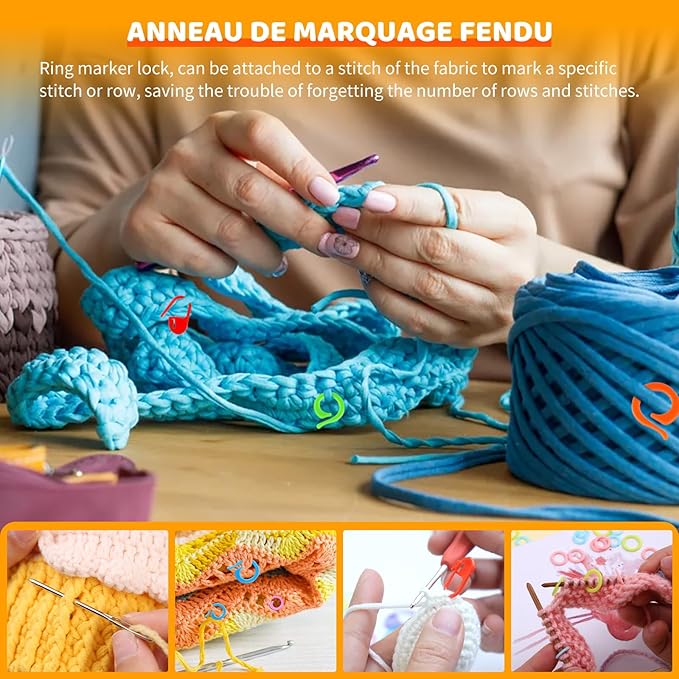 Yizzvb 263 Pcs Stitch Ring Markers, Knitting Stitch Rings with Plastic Box, 3 Types Knit Counting Ring Crochet Sewing Locking Accessories and 3 Pcs Large-Eye Blunt Needles for DIY Handmade Crafts