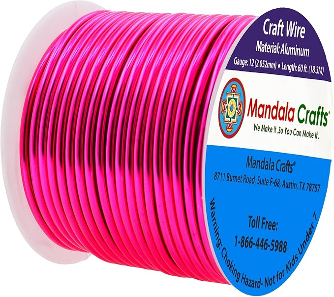 Mandala Crafts 12 Gauge Anodized Aluminum Craft Wire for Jewelry Making - 60 FT Colored Flexible Hot Pink Wire - Bendable for Bonsai Armature Crafting Sculpting