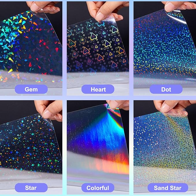 Clabby 36 Sheets Holographic Sticker Paper A4 Vinyl Sticker Paper Self Adhesive Waterproof Transparent Film, 11.7 x 8.3 inches(Gem, Dot, Colorful, Star, Heart, Sand Star)