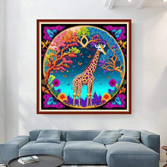 Dimensean Stamped Cross Stitch Kits Full Range of Embroidery Patterns Starter Kits for Beginners Adult or Kids DIY Cross Stitches Needlepoint Kits 11CT-Giraffe Flower 17.7x17.7 inch