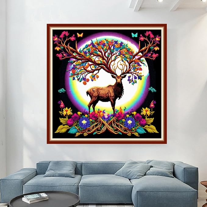 Dimensean Stamped Cross Stitch Kits Full Range of Embroidery Patterns Starter Kits for Beginners Adult or Kids DIY Cross Stitches Needlepoint Kits 11CT-Elk Moon 17.7x17.7 inch