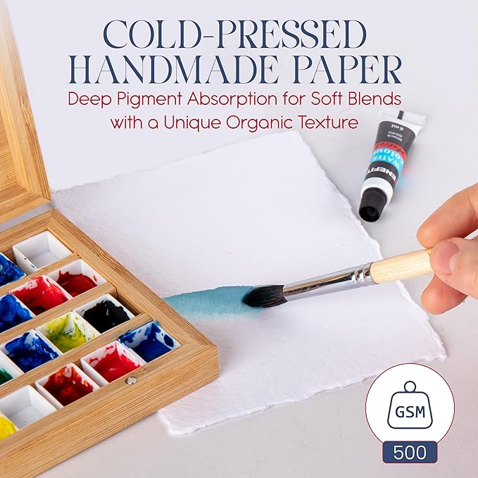 Wanderings Thick Handmade Watercolor Paper with Deckled Edge - 8"x8" - 500GSM Premium Painting Paper White Cold Press Watercolor Paper Textured Mixed Media Paper Made with Recycled Cotton - 15 Sheets