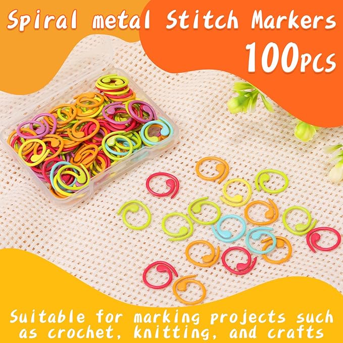 Jmuiiu 100pcs Metal Stitch Markers, Spiral-Shaped Stitch Markers for Crocheting, Colorful Crochet Ring, Crochet Markers for Crocheting and Knitting with Storage Box