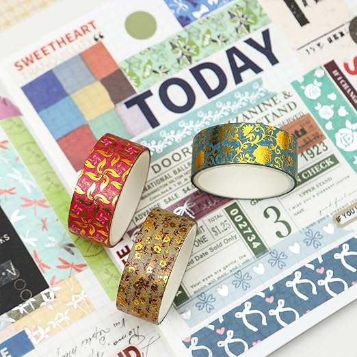 12 Rolls Charming Washi Tape Set Gold Silver Foil Detailing Arts Adhesive Tapes Basic Patterns Decorative Masking Tape Sets for Craft, Kids, Scrapbook, DIY, Gift Wrapping (Golden Galaxy)