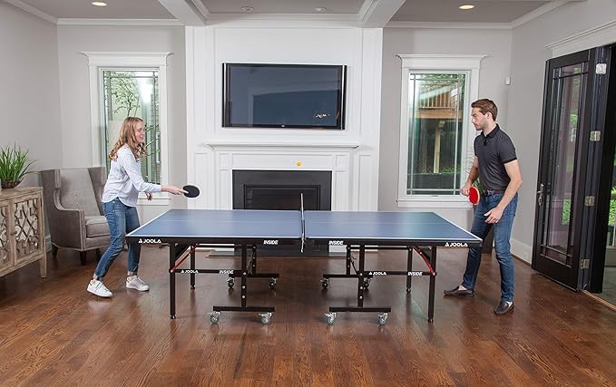 JOOLA Inside Professional MDF Indoor Ping Pong Table with Quick Clamp Table Tennis Net and Post Set - 10 Minute Easy Assembly - Tournament Quality - Foldable with Single Player Playback Mode