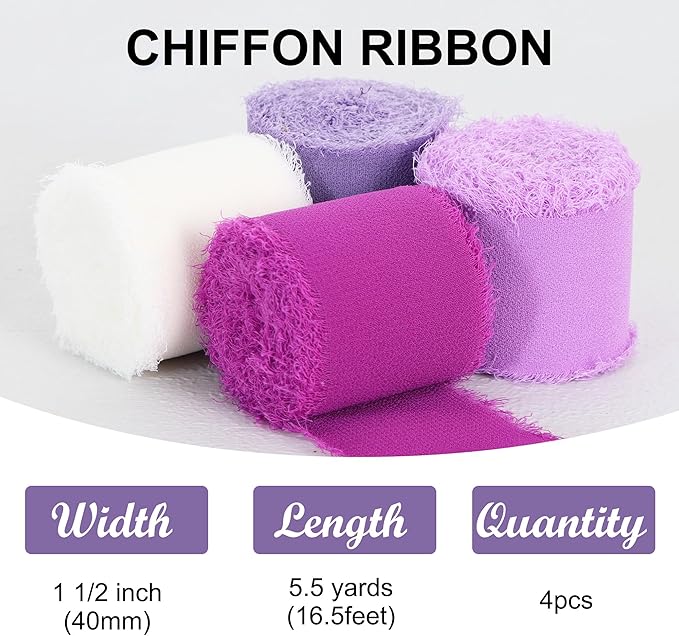 TONIFUL 4 Rolls Light Purple Chiffon Ribbon 1.5" x 5.5 Yards for Gift Wrapping, Wedding Decoration, DIY Crafts