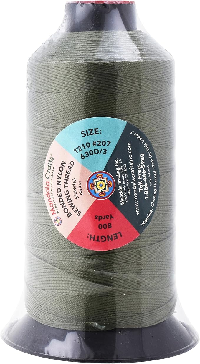 Mandala Crafts Bonded Nylon Thread Olive Drab Heavy Duty Sewing Threads - 800 YDs Size 207 630D T210 Tex 210 Thread for Leather Jeans Weaving Outdoor Marine Upholstery Threads