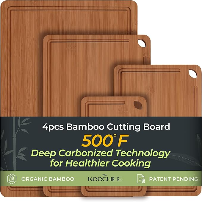 Wood Cutting Board, Carbonized Bamboo Cutting Boards Set With Smooth Surface & Easy Storage For Busy Kitchens, Ideal Charcuterie & Chopping, Durable, Knife-Friendly (4Pcs)