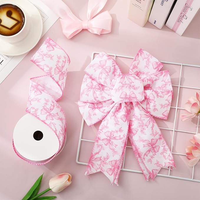 Pink Floral Bow Wired Edge Ribbon Chinoiserie Flower Bowknot Fabric Ribbon for DIY Crafts Wreath Bow Making Supplies, 12 Yard