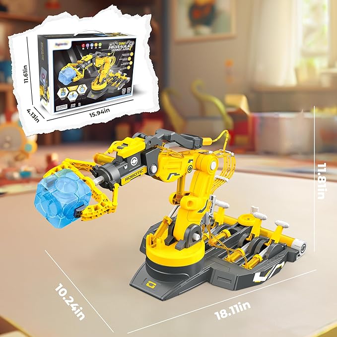 SMIESSKIDDO 3 in 1 Hydraulic Robot Arm - 220 Pcs STEM Building Toys with 4-Jaw Grab, Suction & Tongs for Kids 8-12 | No Batteries Needed Engineering Gift for Boys & Girls Ages 9 10 11