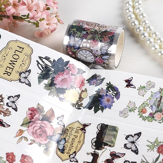 Vintage Flower PET Tape - Flower Butterfly Transparent Tape Junk Journal Supplies, Angel Cat Scrapbooking Tapes for Art Crafts Decorative Scrapbook Journal, Aesthetic Junk Journal Supplies